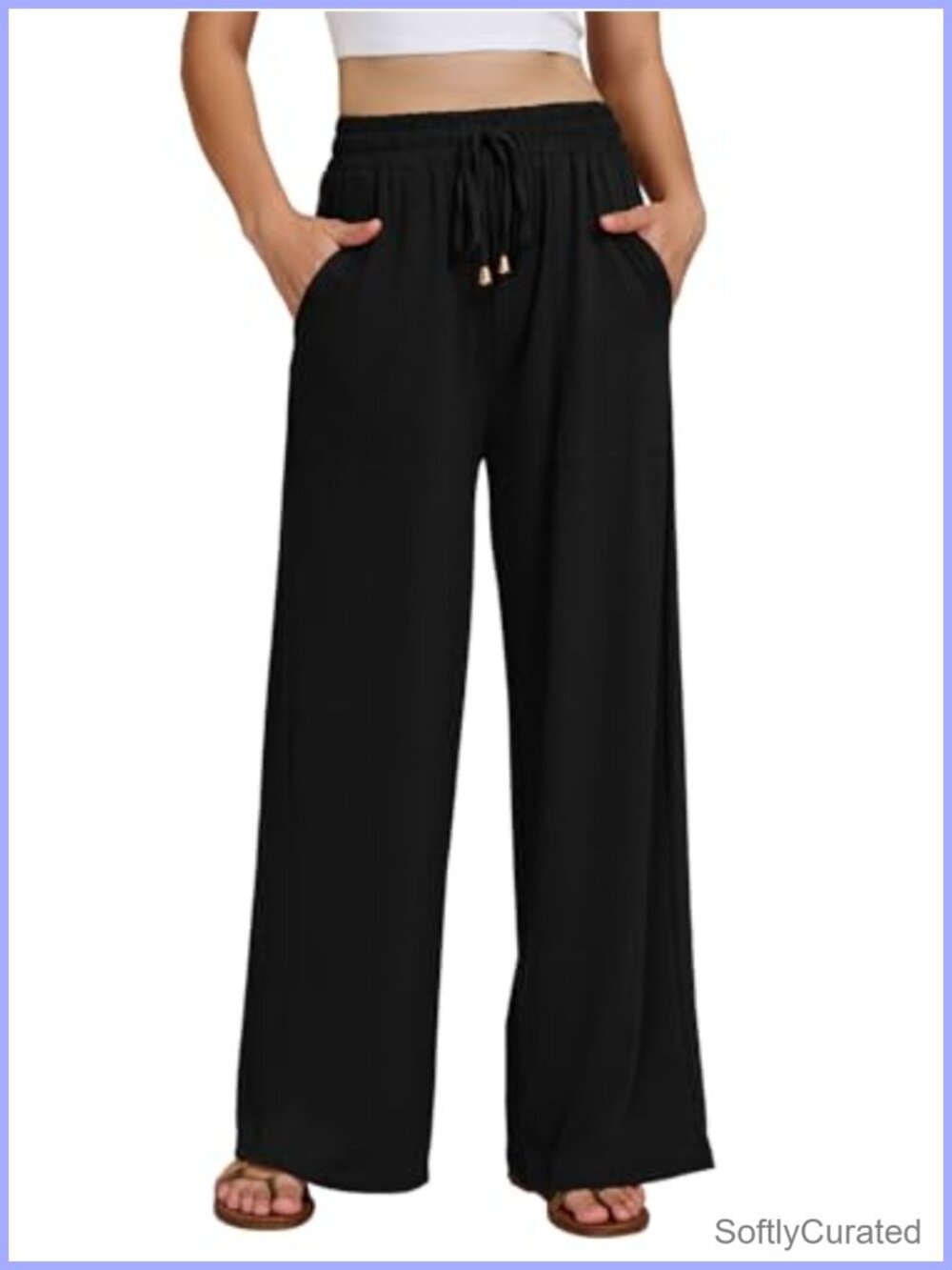 Wide Leg Palazzo Pants Elastic Waist Drawstring Casual Beach Trousers with